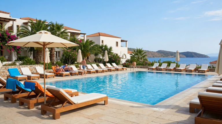Outdoor swimming pool surrounded by cushioned wooden loungers and umbrellas with sea view